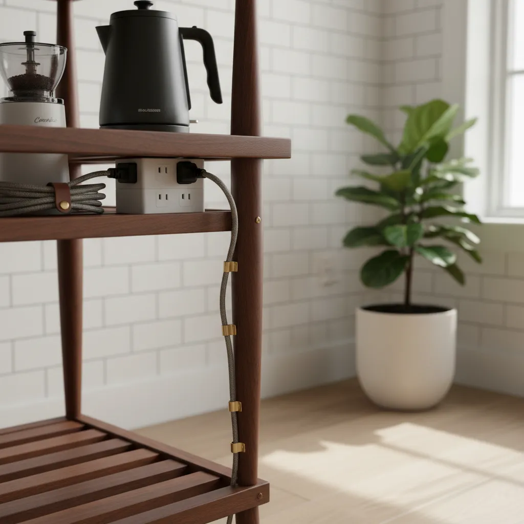 Under-shelf mounted power strip on a rolling coffee station