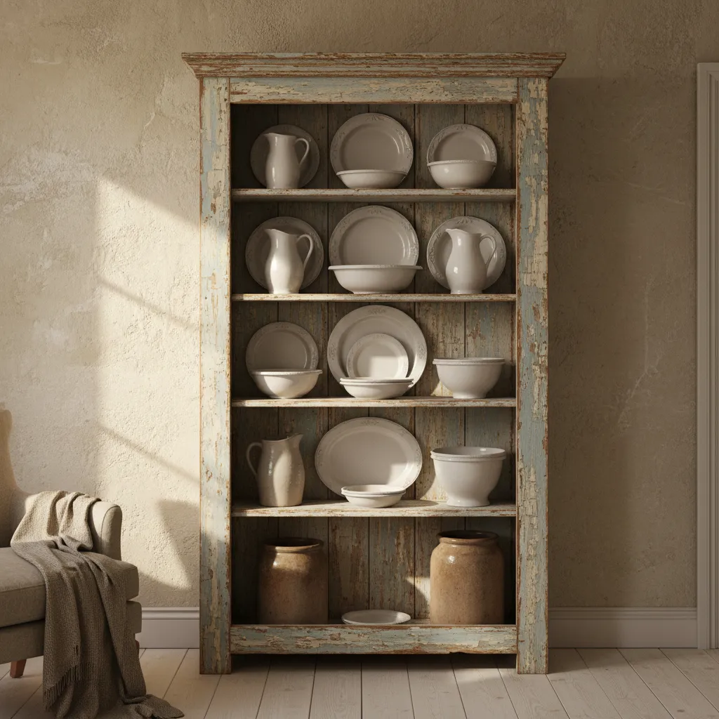 Rustic pine cupboard with chipped milk paint finish in a primitive living room