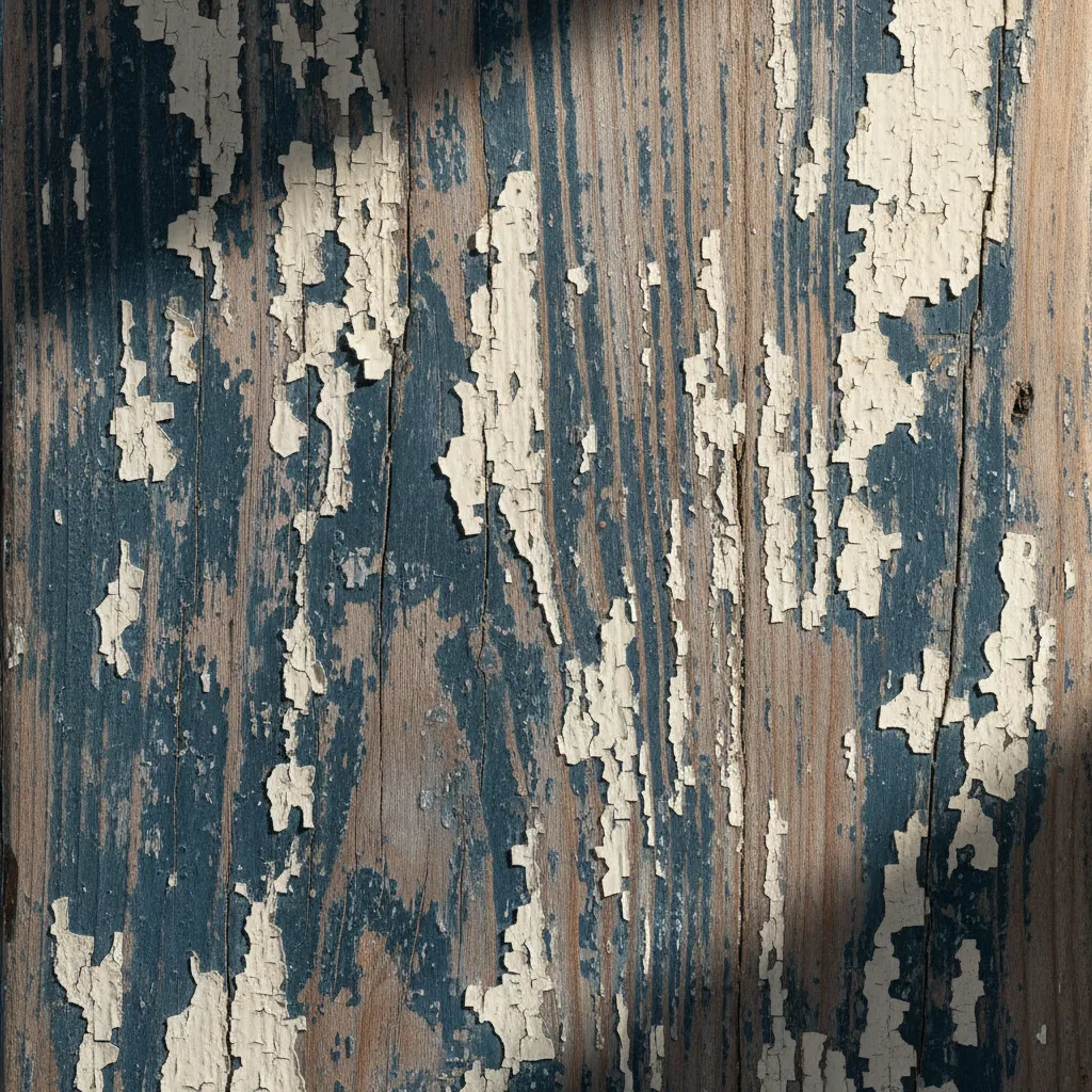 Macro photography of chipped navy and white paint on rustic barn wood