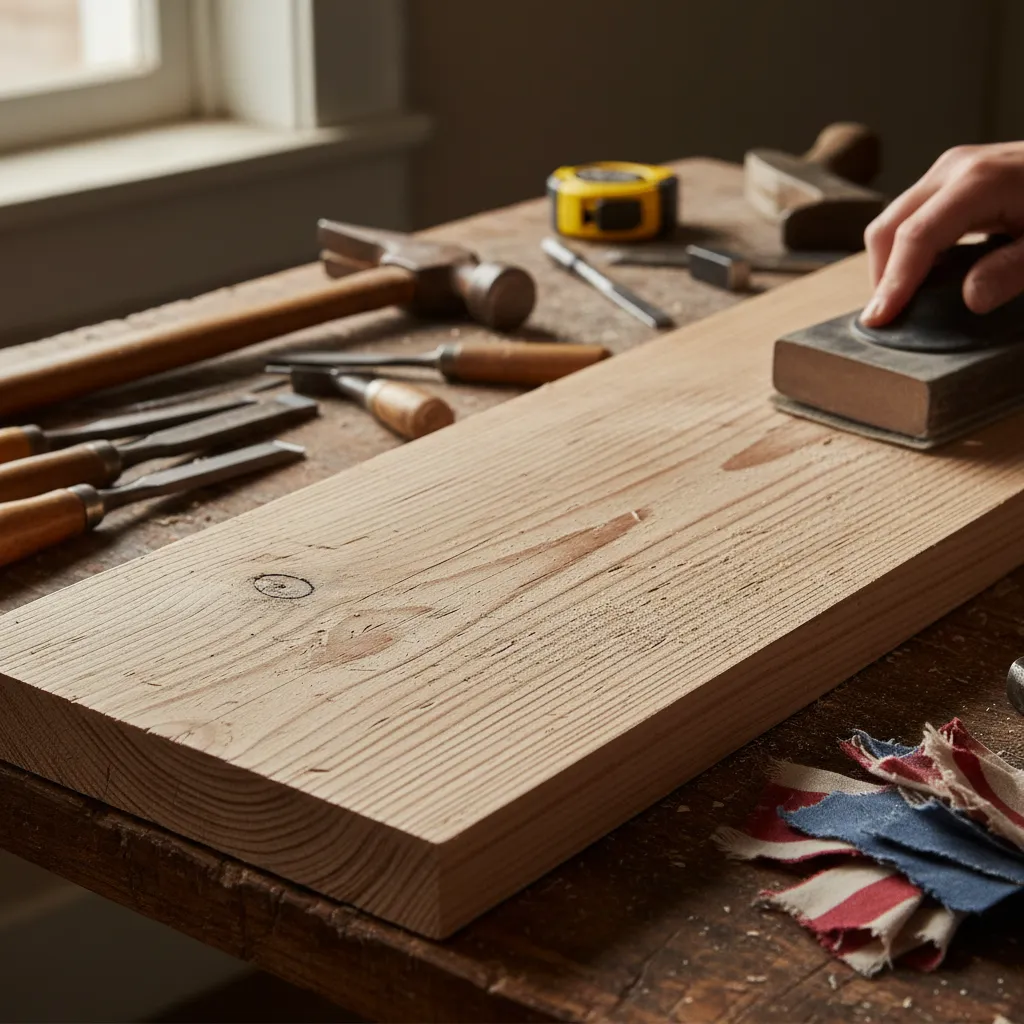 Close up of distressed pine wood grain with sanding block and tools