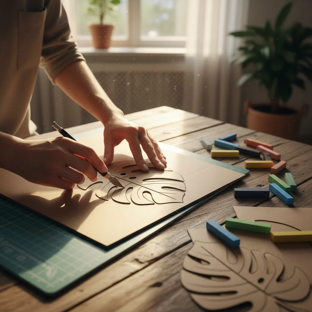 Hands using a craft knife to cut a leaf pattern into cardboard for sidewalk chalk stencils