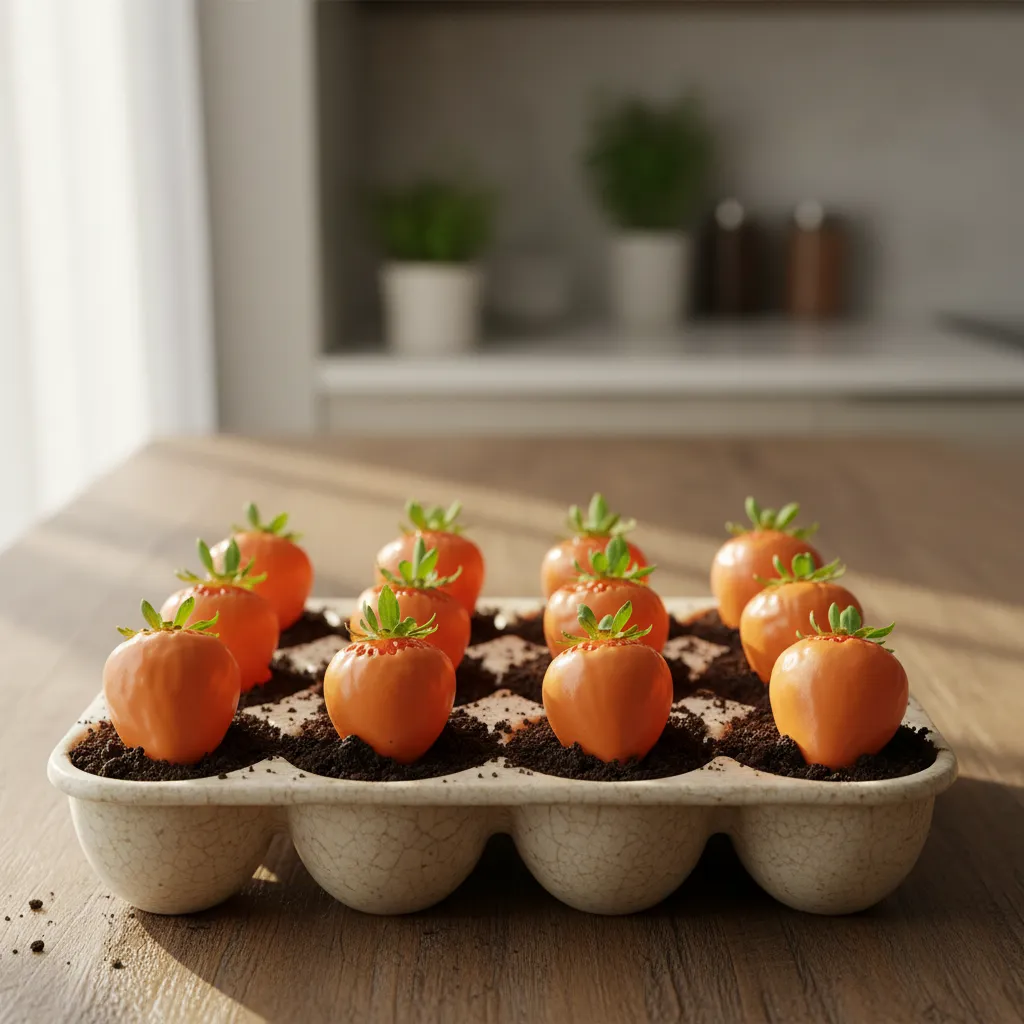 Orange dipped strawberries styling as carrots in crushed cookie dirt