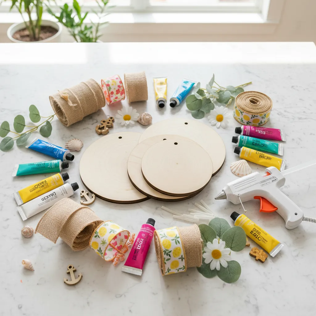Wooden rounds, paint, and burlap ribbon arranged on a workspace for crafting