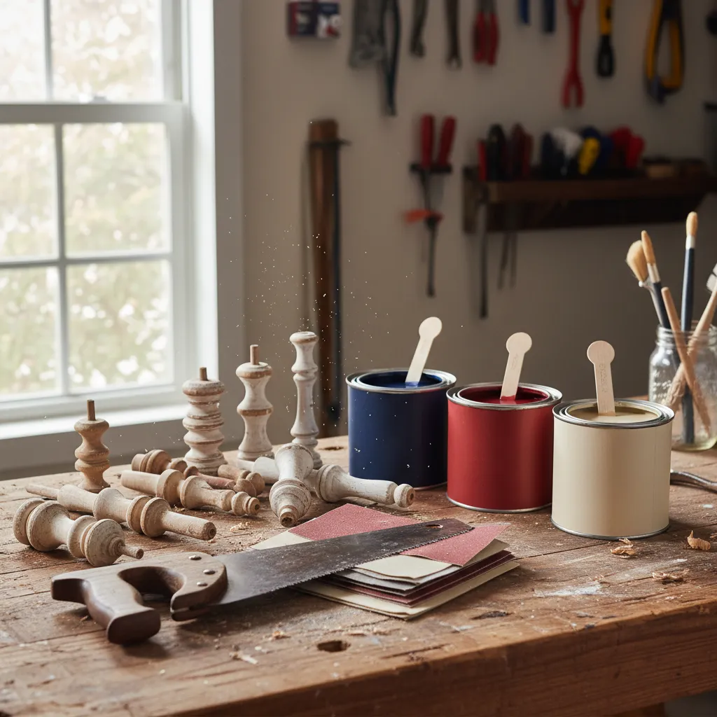 Wooden spindles and crafting supplies on a workbench