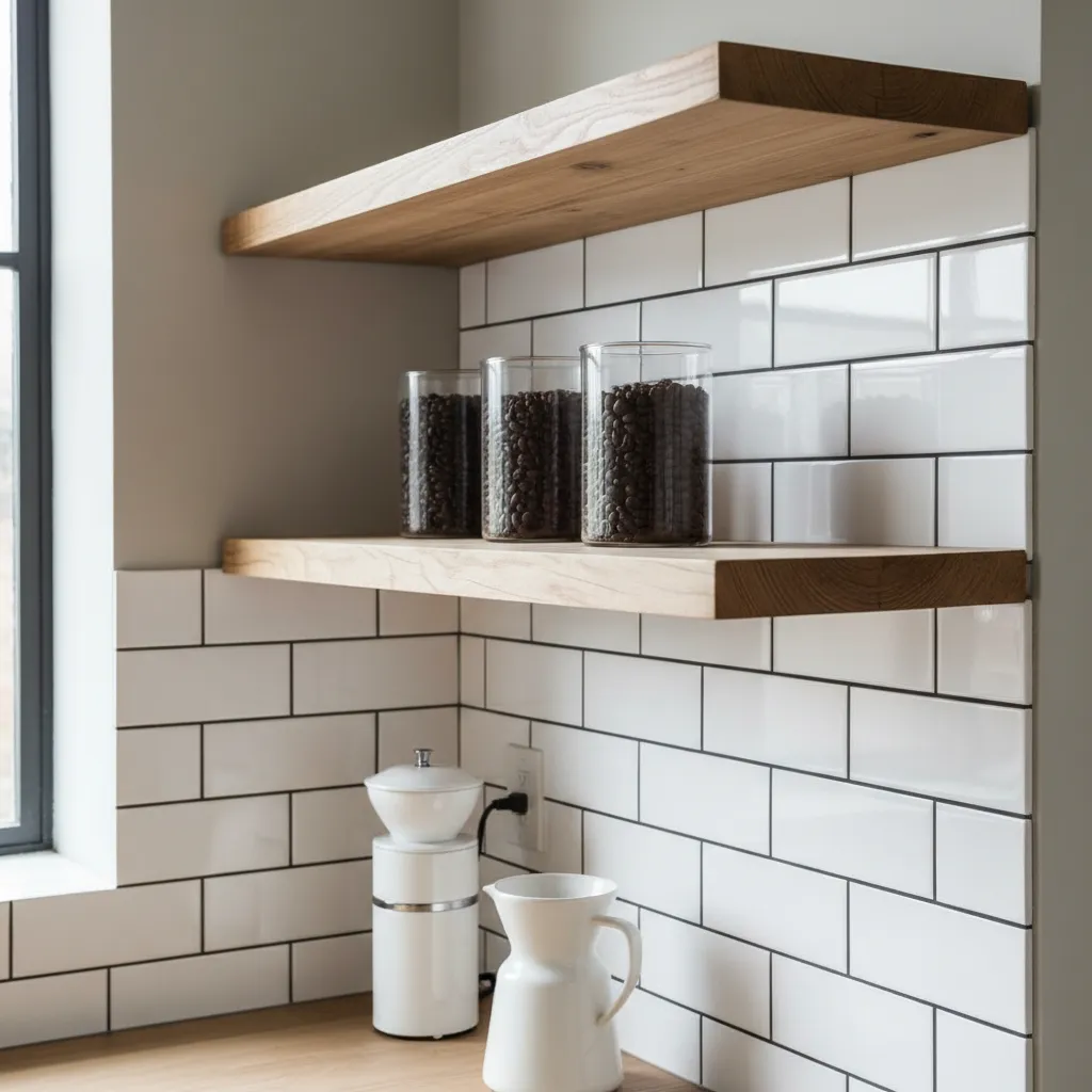 Raw wood floating shelves with glass storage jars on a tiled wall
