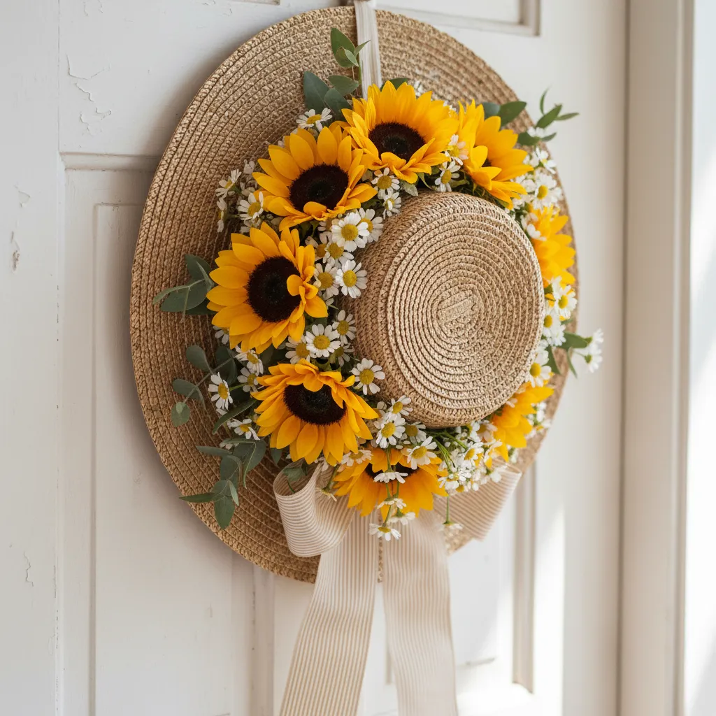 Woven straw hat hanging on door filled with faux sunflowers and daisies for summer porch decor