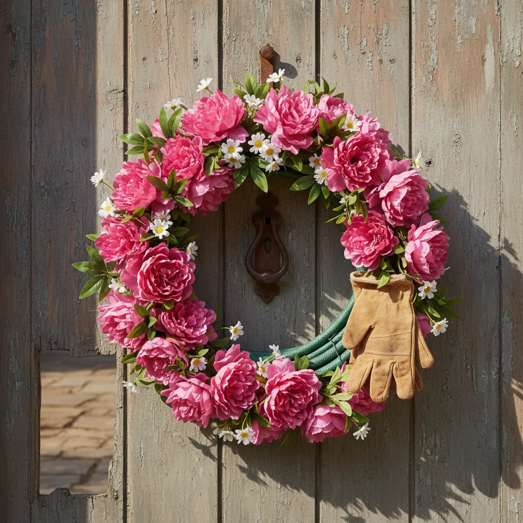 Upcycled garden hose wreath with pink flowers on a wooden door