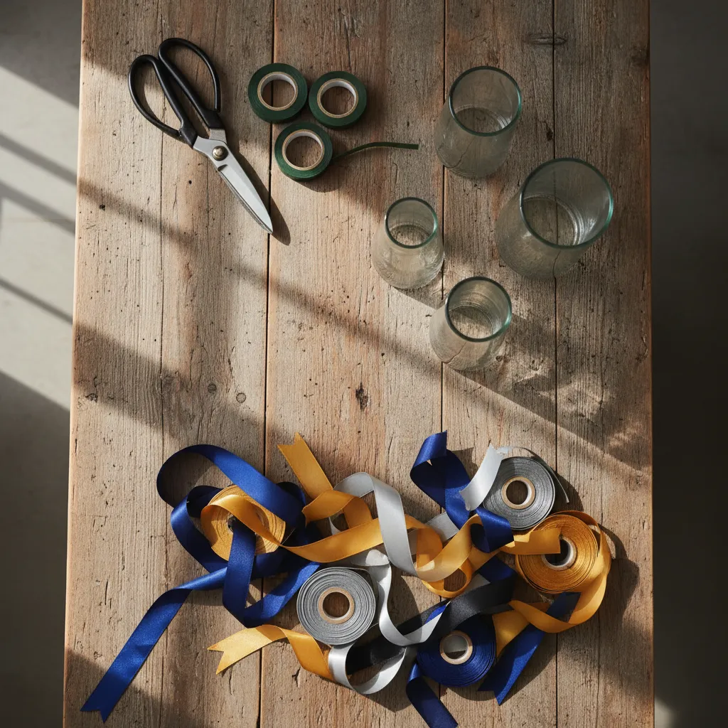 Crafting materials for graduation centerpieces including shears tape and vases