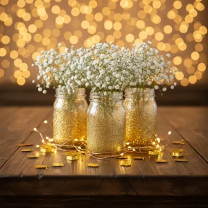 Elegant rustic mason jar graduation party centerpieces with gold glitter and baby's breath flowers.
