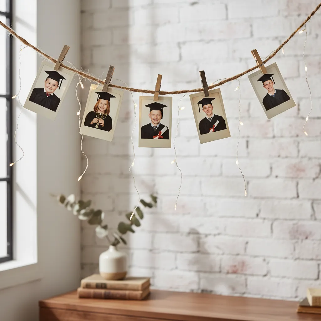 A rustic photo garland with twine, wooden clips, and fairy lights for a graduation party display.