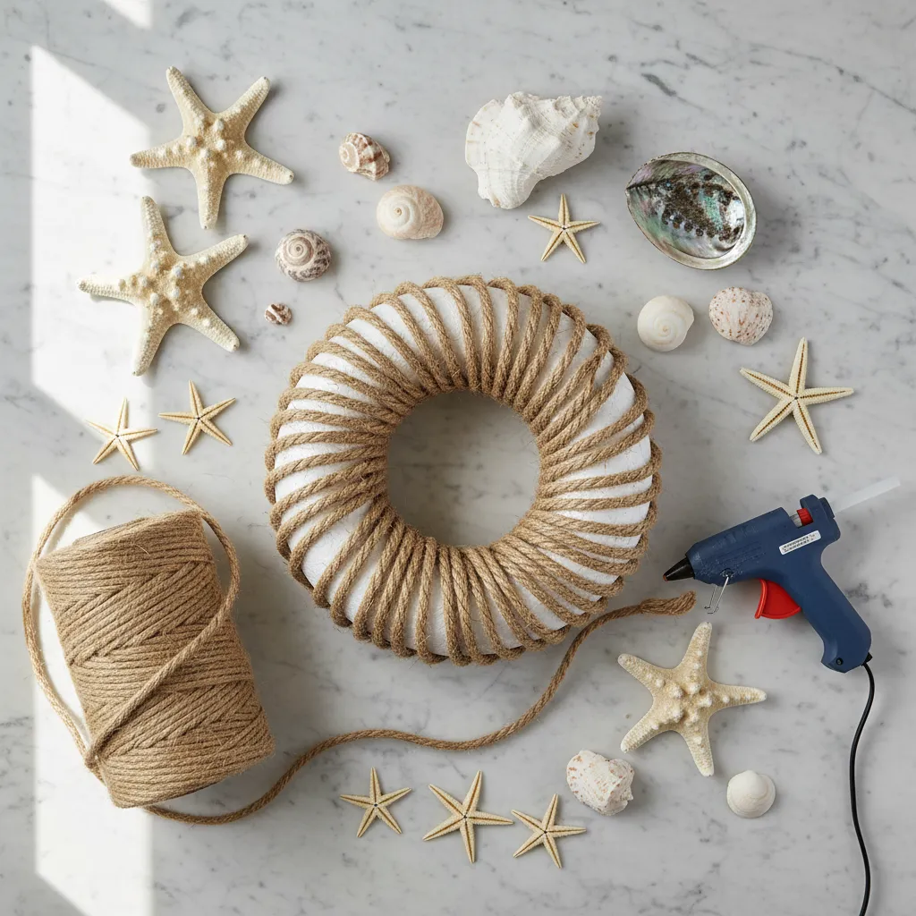 Supplies for making a rope wreath including sisal rope and starfish