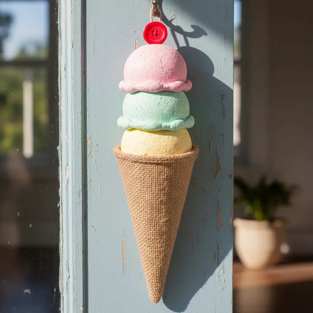 A close-up of a handmade burlap ice cream cone door hanger with colorful scoops on a front door.