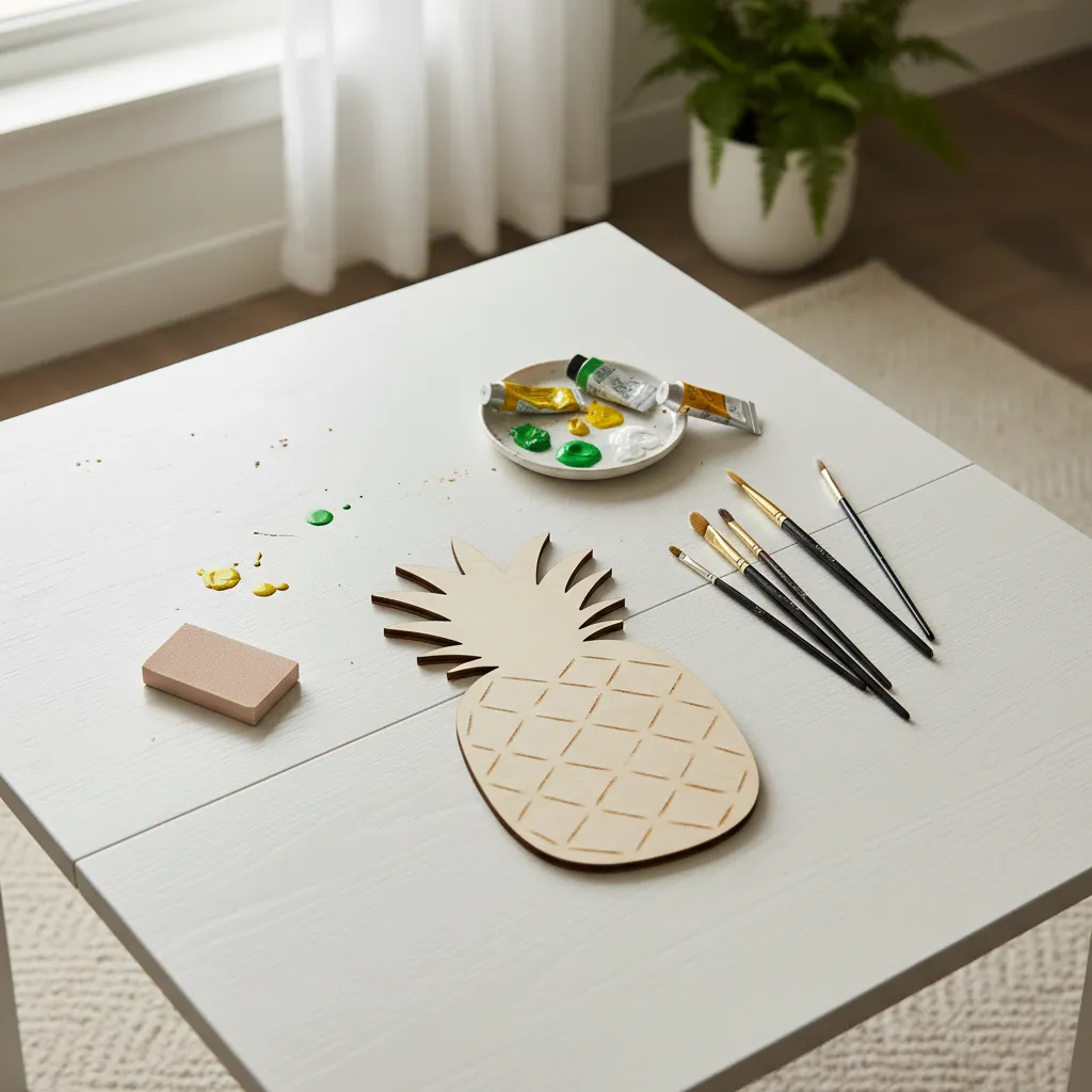 Birch plywood pineapple cutout with acrylic paints and brushes for DIY door hanger