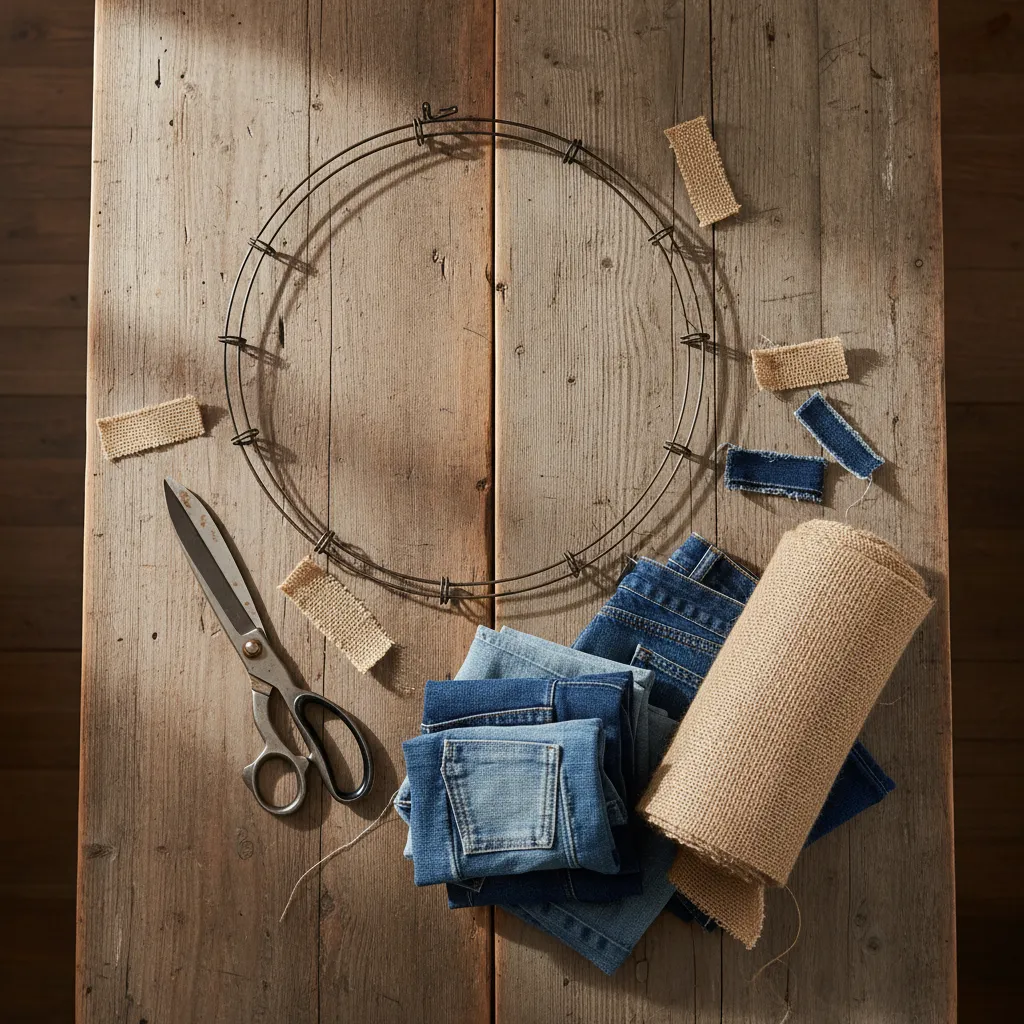 Supplies for denim rag wreath including wire frame and scissors