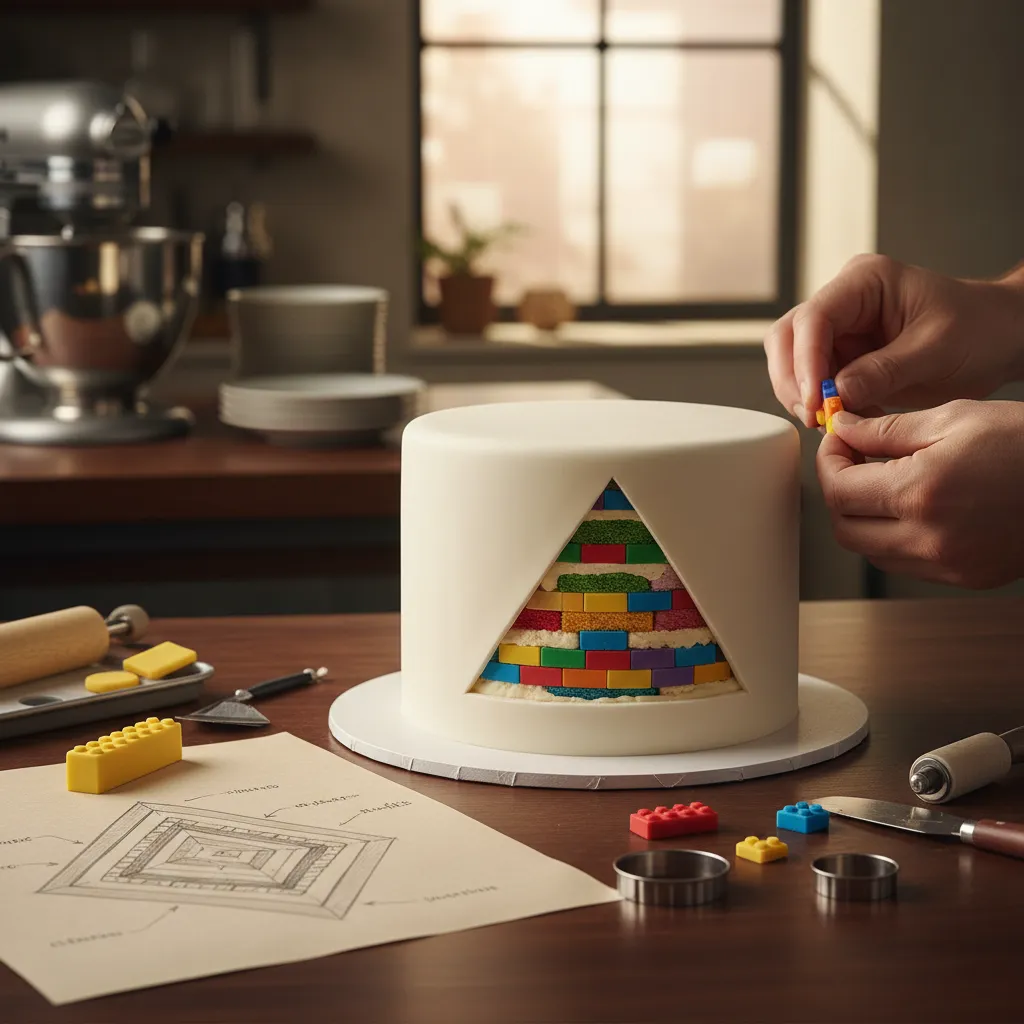 Cake decoration workspace showing the carving technique for the brick reveal