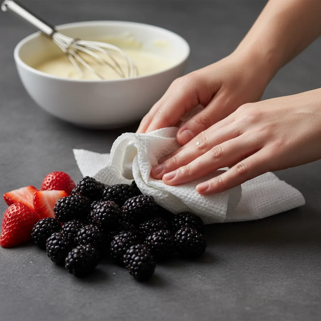 Hands gently drying blackberries and strawberries with a towel to prevent watery salad