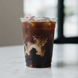 Refreshing low calorie Dunkin Donuts iced coffee with almond milk and ice on a marble table