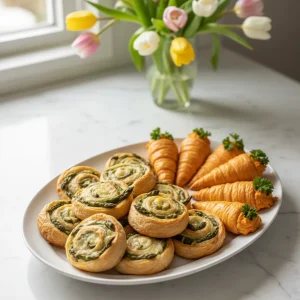 Elegant platter of puff pastry asparagus tarts and savory carrot-shaped horns for Easter appetizers.