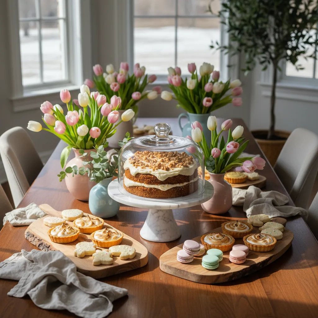 Sophisticated gluten-free Easter carrot cake on a marble stand with spring floral decor.