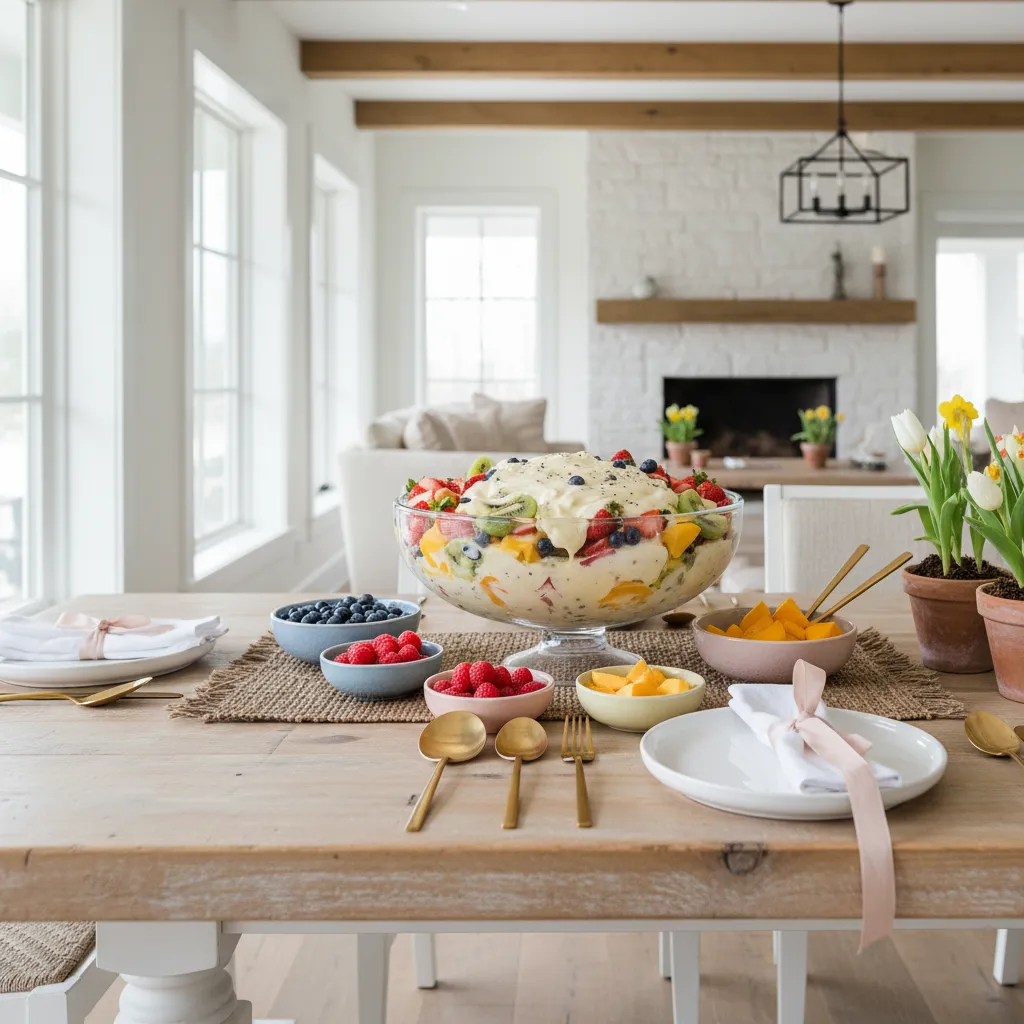 Modern farmhouse dining table featuring a layered fruit salad centerpiece and brass utensils