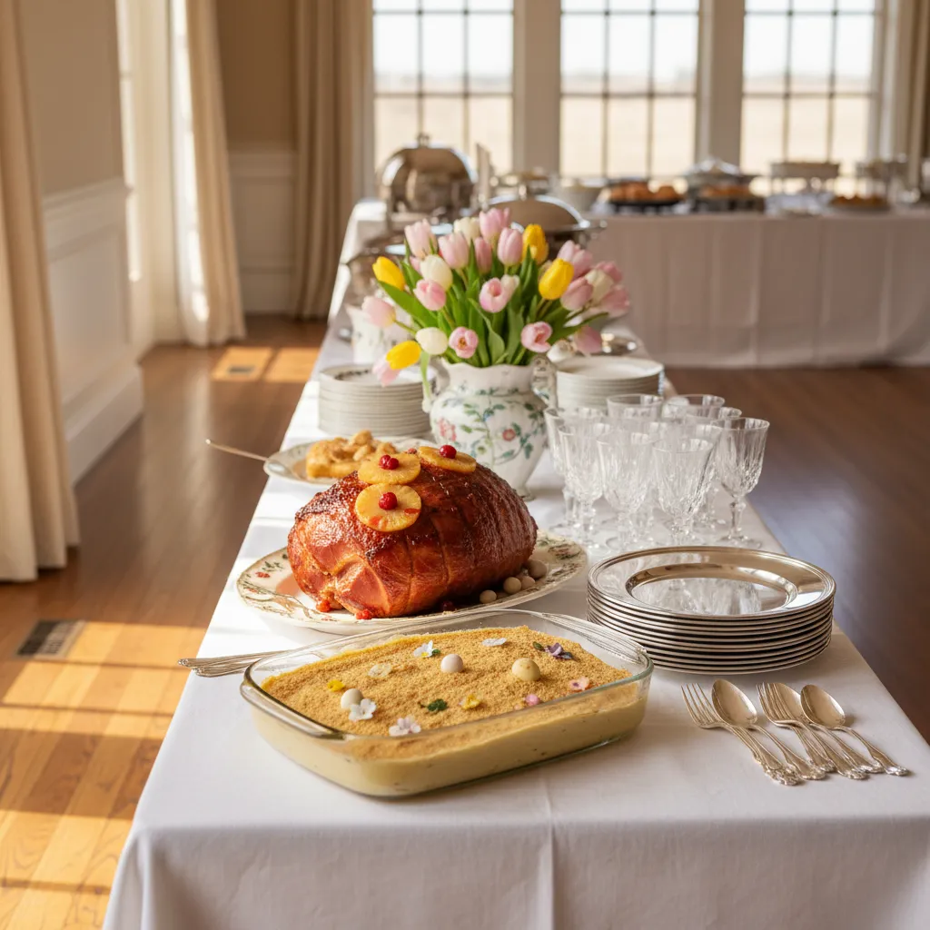 Elegant Easter buffet table setup with ham and vanilla dessert