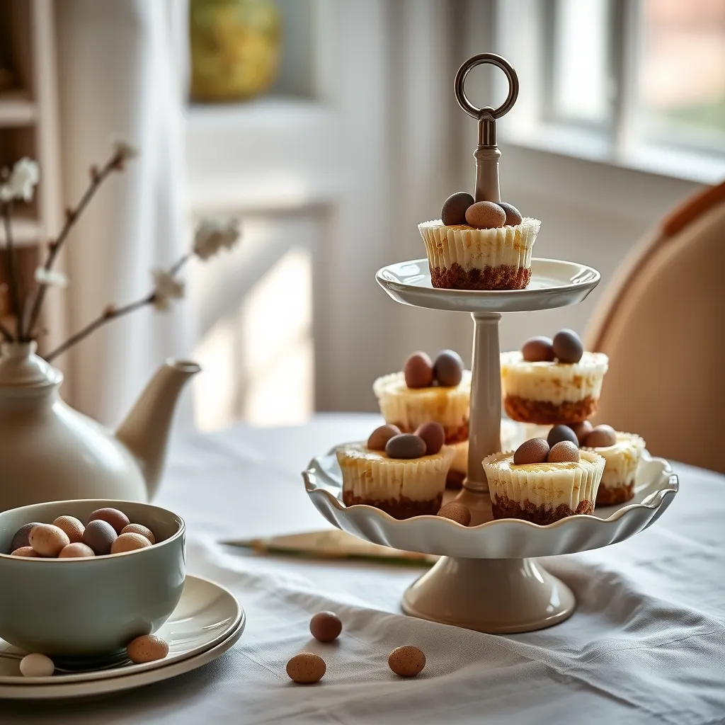 Tiered ceramic stand with mini cheesecakes on a linen tablecloth.
