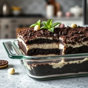 A sophisticated glass dish featuring a layered Easter dirt cake casserole with dark chocolate cookie soil and mint sprigs.