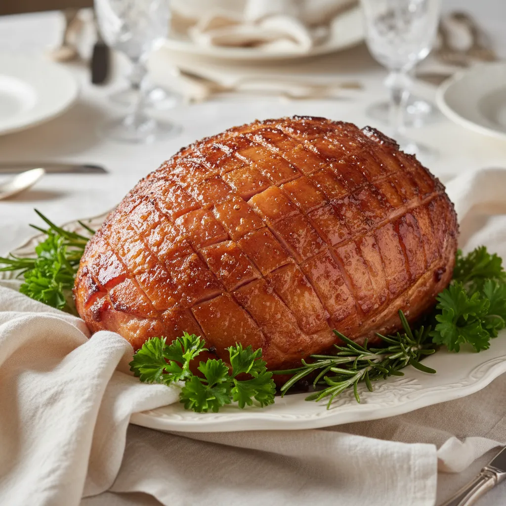 Glazed ham texture against soft linen napkins