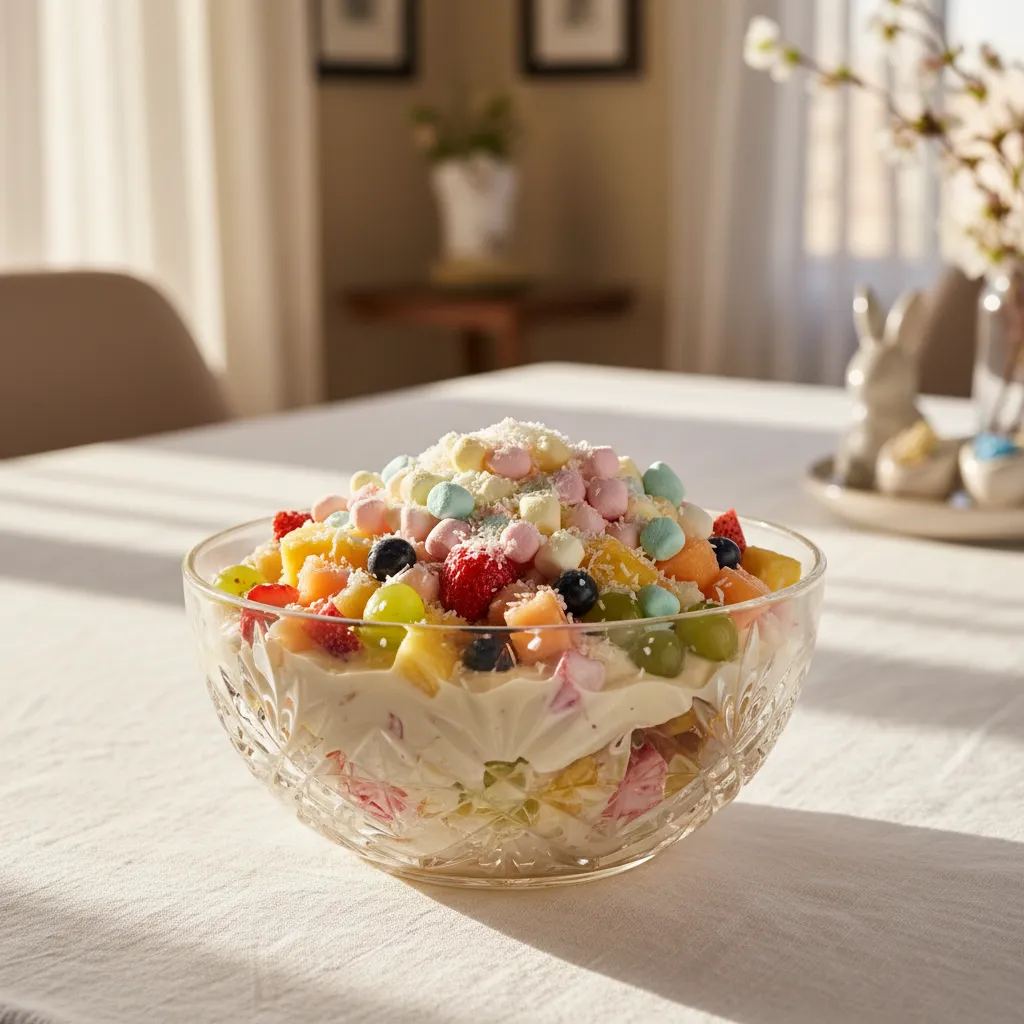 Crystal bowl with fruit salad topped with marshmallows and coconut on linen