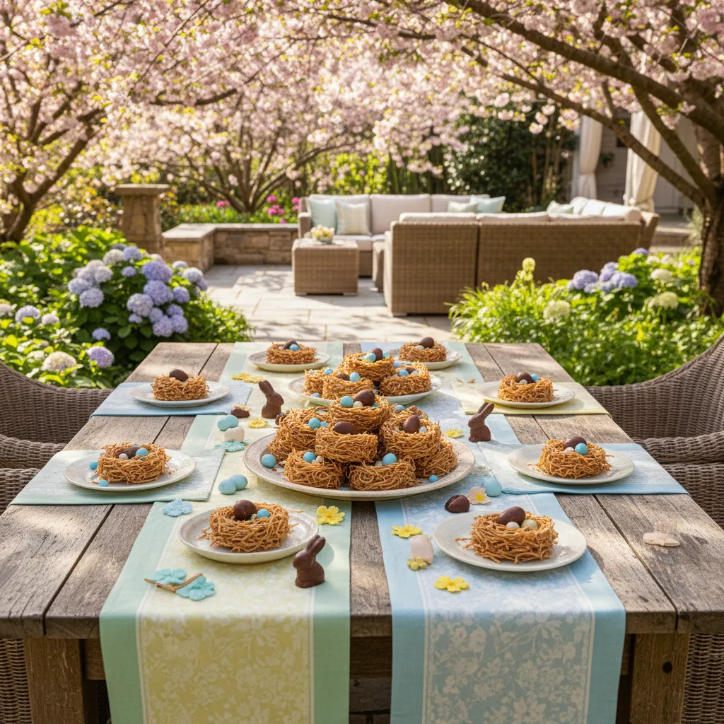 Rustic outdoor table setting with Easter bird nest desserts and spring decor