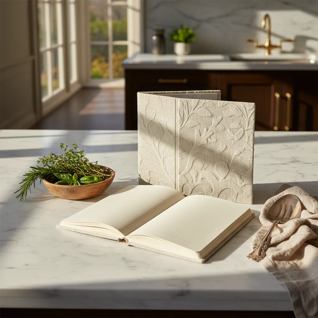 Menu planning notebook with herbs and vintage fork