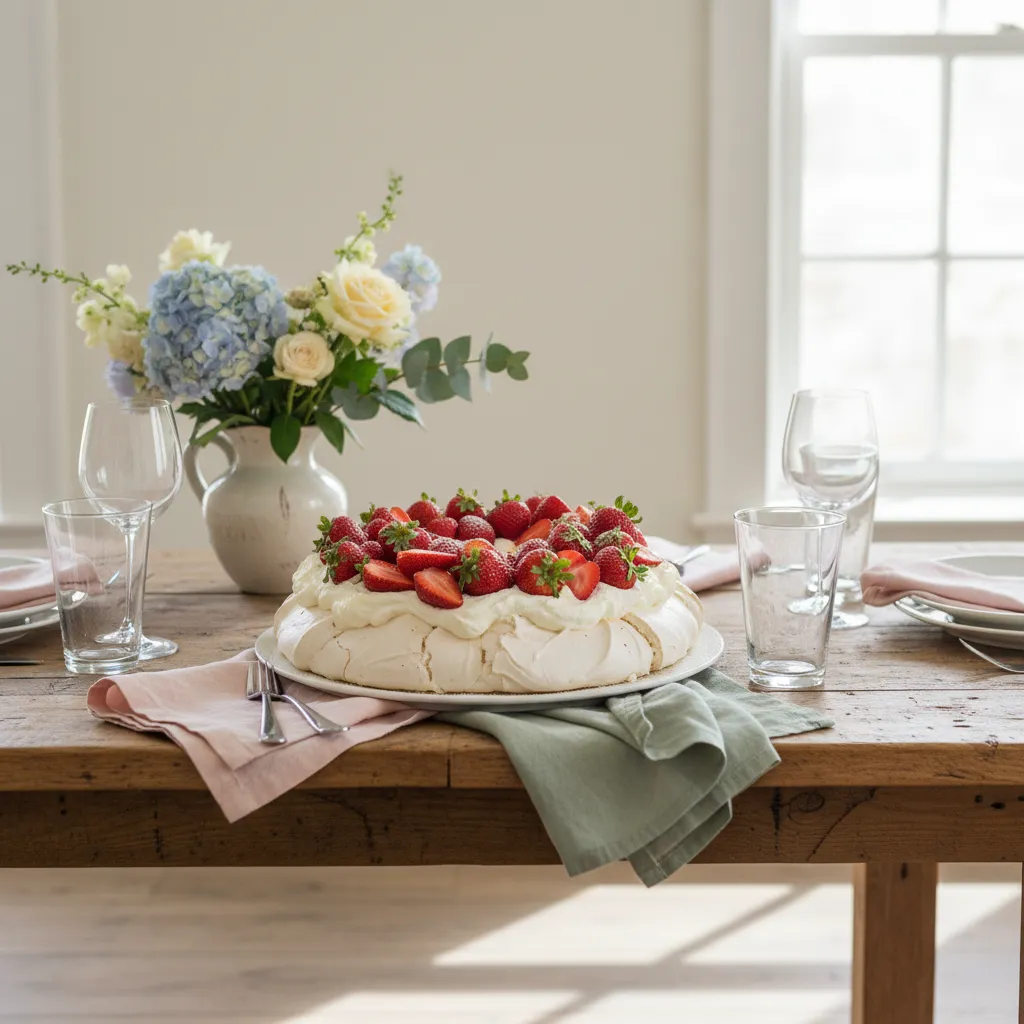 Elegant strawberry pavlova wreath on rustic Easter table setting