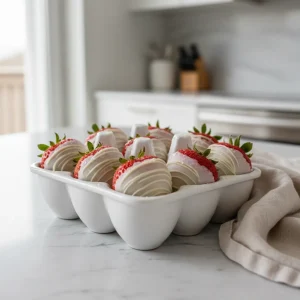 A white ceramic egg crate holding fresh and chocolate-dipped strawberries for an Easter brunch centerpiece.