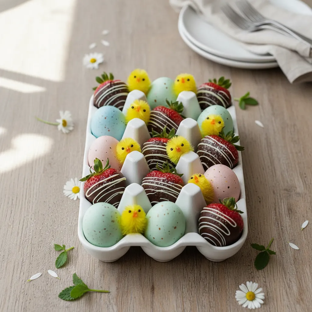 Ceramic egg carton filled with chocolate strawberries and chenille chicks