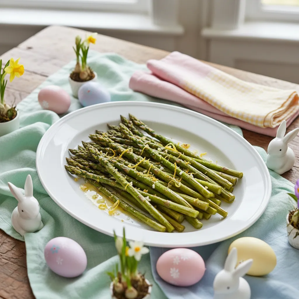 Roasted asparagus served on a white platter for Easter dinner