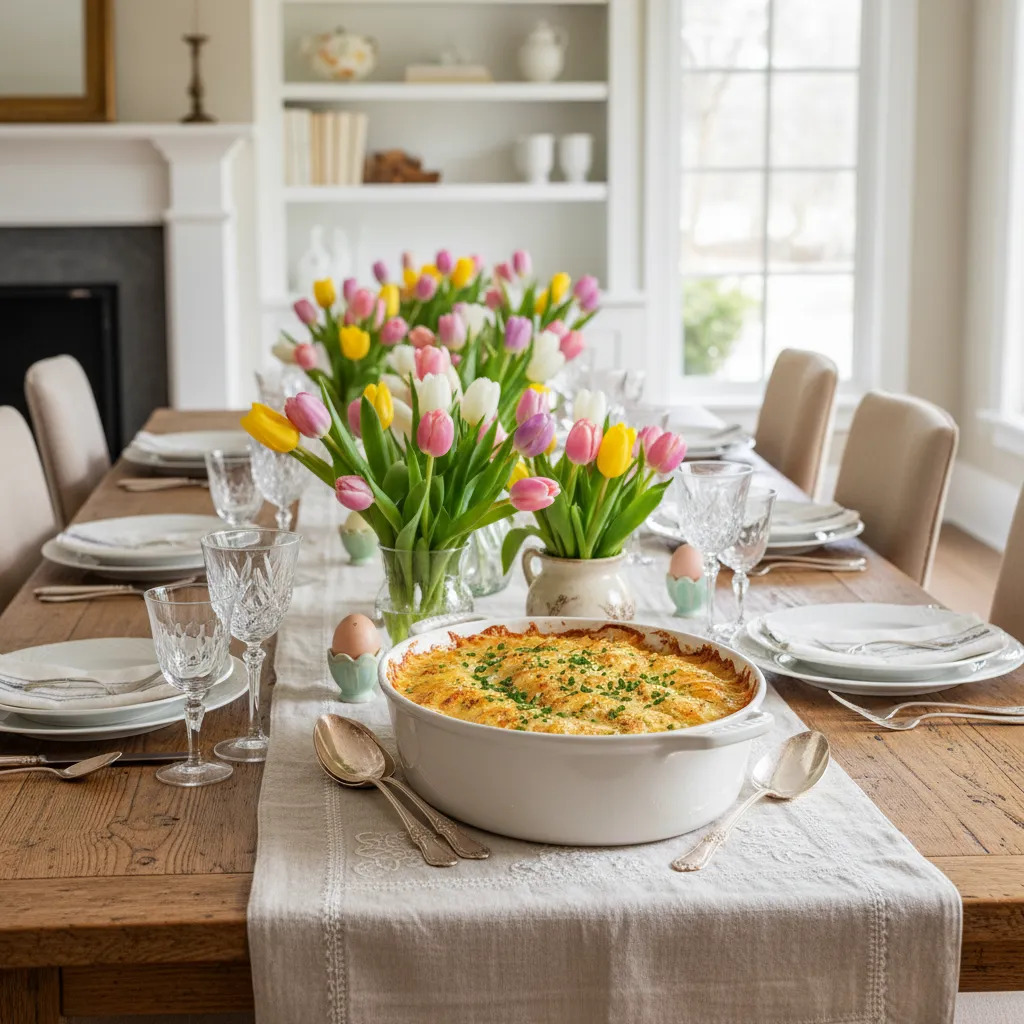 Elegant Easter dining table with floral centerpieces