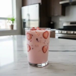 Homemade Starbucks Pink Drink in a glass with freeze-dried strawberries