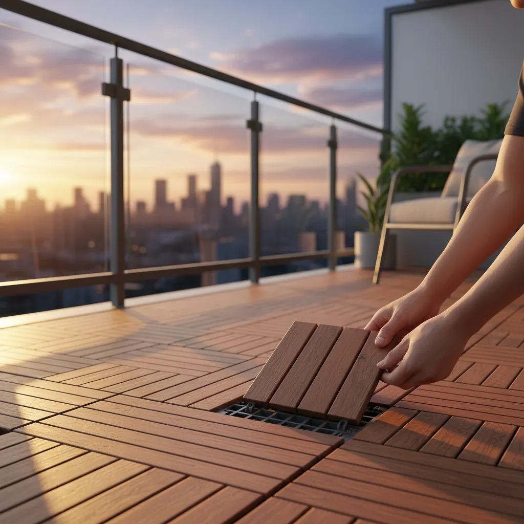 Hand-on demonstration of snapping interlocking deck tiles together for a DIY balcony project.