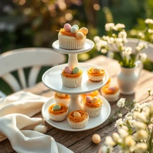 An elegant display of no-bake Easter bird's nests and mini cheesecakes on a tiered stand for a garden party.