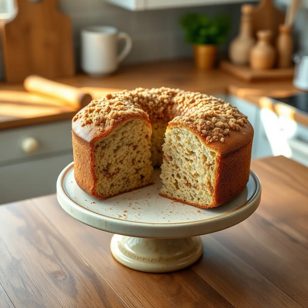 A slice of moist sour cream coffee cake with a cinnamon ribbon on a wooden kitchen counter.