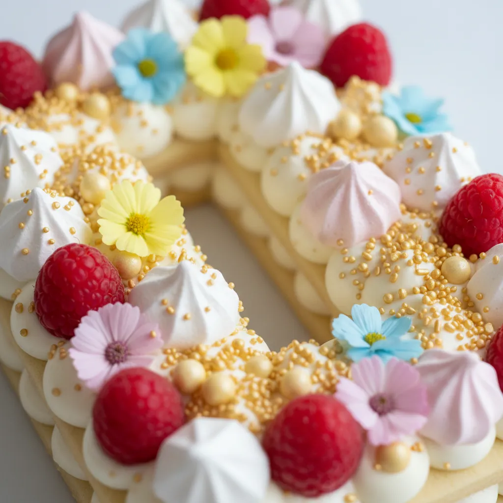 Macarons flowers and fruit toppings on cookie cake