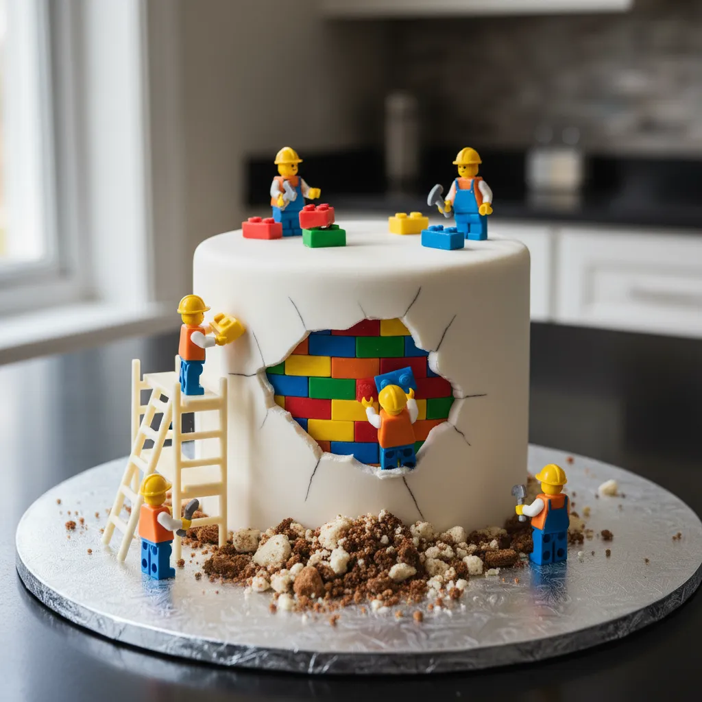Miniature edible construction figures placing fondant bricks on a cake