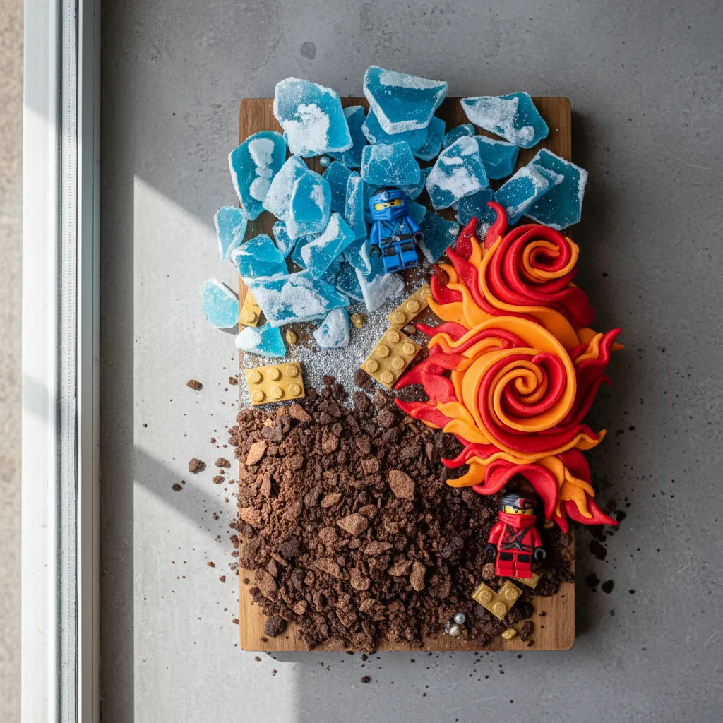 Ingredients for elemental cake textures including isomalt and chocolate