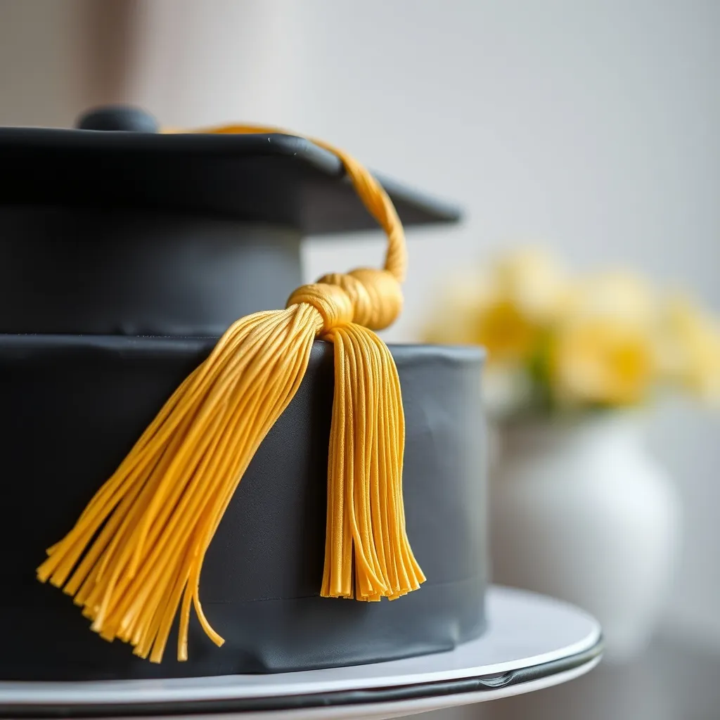 A detailed view of a gold sugar tassel draped elegantly over a black cake board.