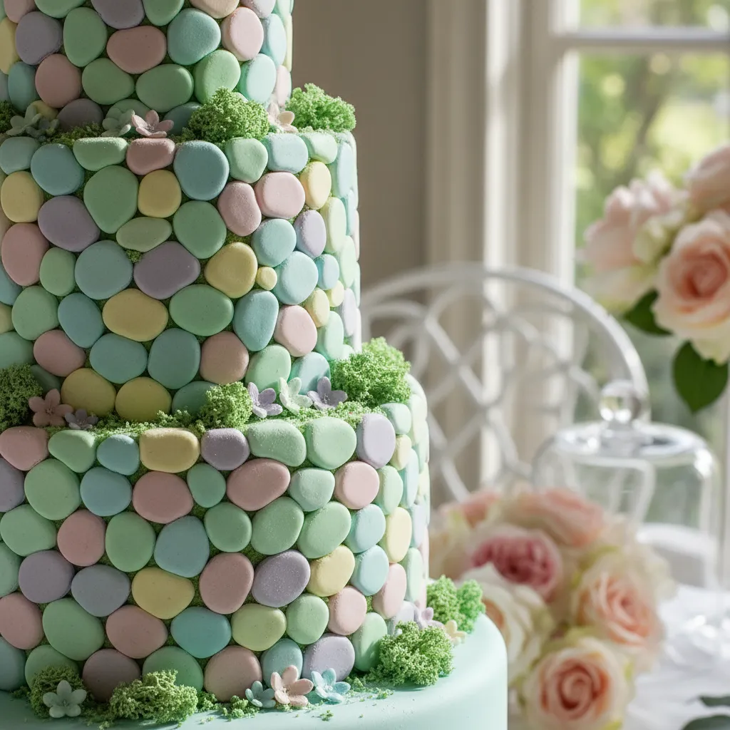 Close up of pastel fondant bricks and edible moss detailing