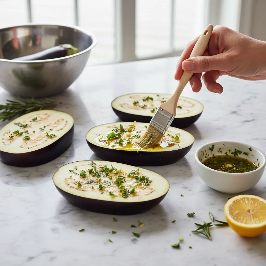 Raw eggplant slices on marble counter with olive oil and herb marinade preparation