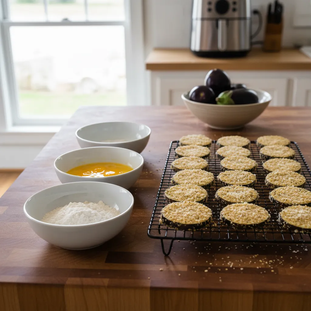 Organized breading station with flour egg and panko bowls on a wooden kitchen island