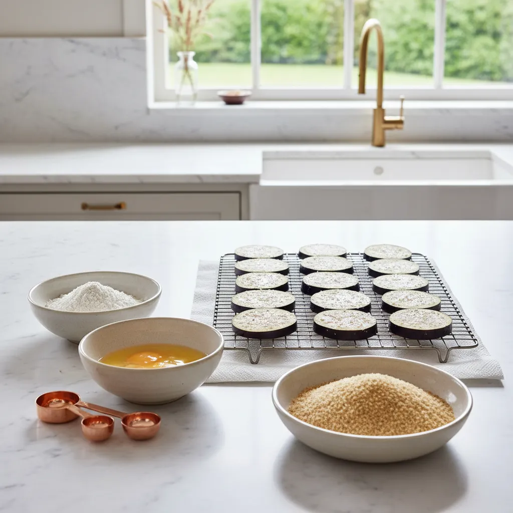 Sliced eggplant sweating on wire rack with breading station bowls on marble counter