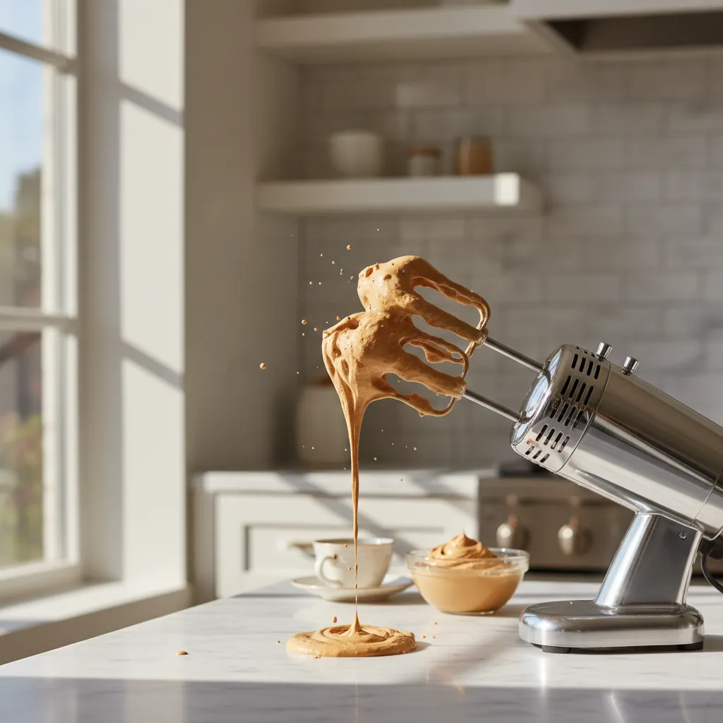 Electric mixer beaters creating coffee foam texture