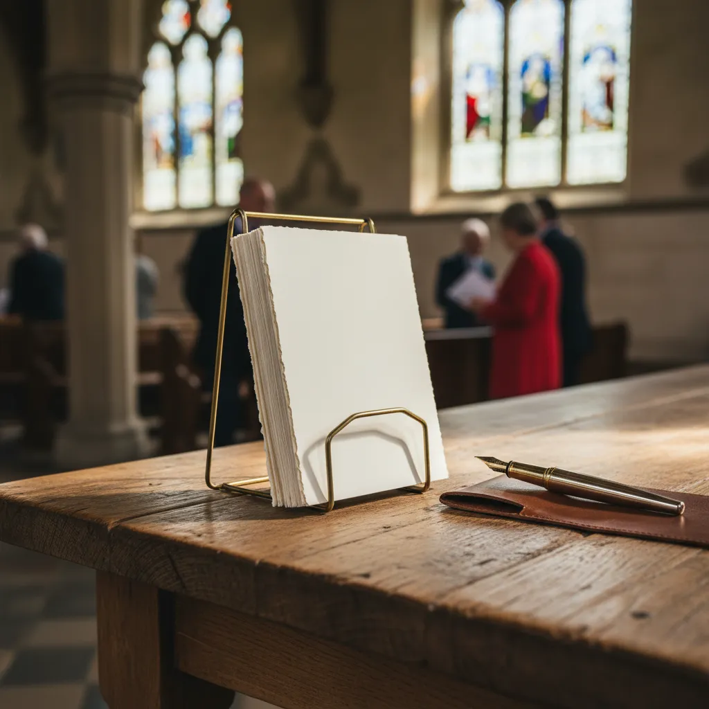 Cream advice cards on brass stand on rustic wooden table
